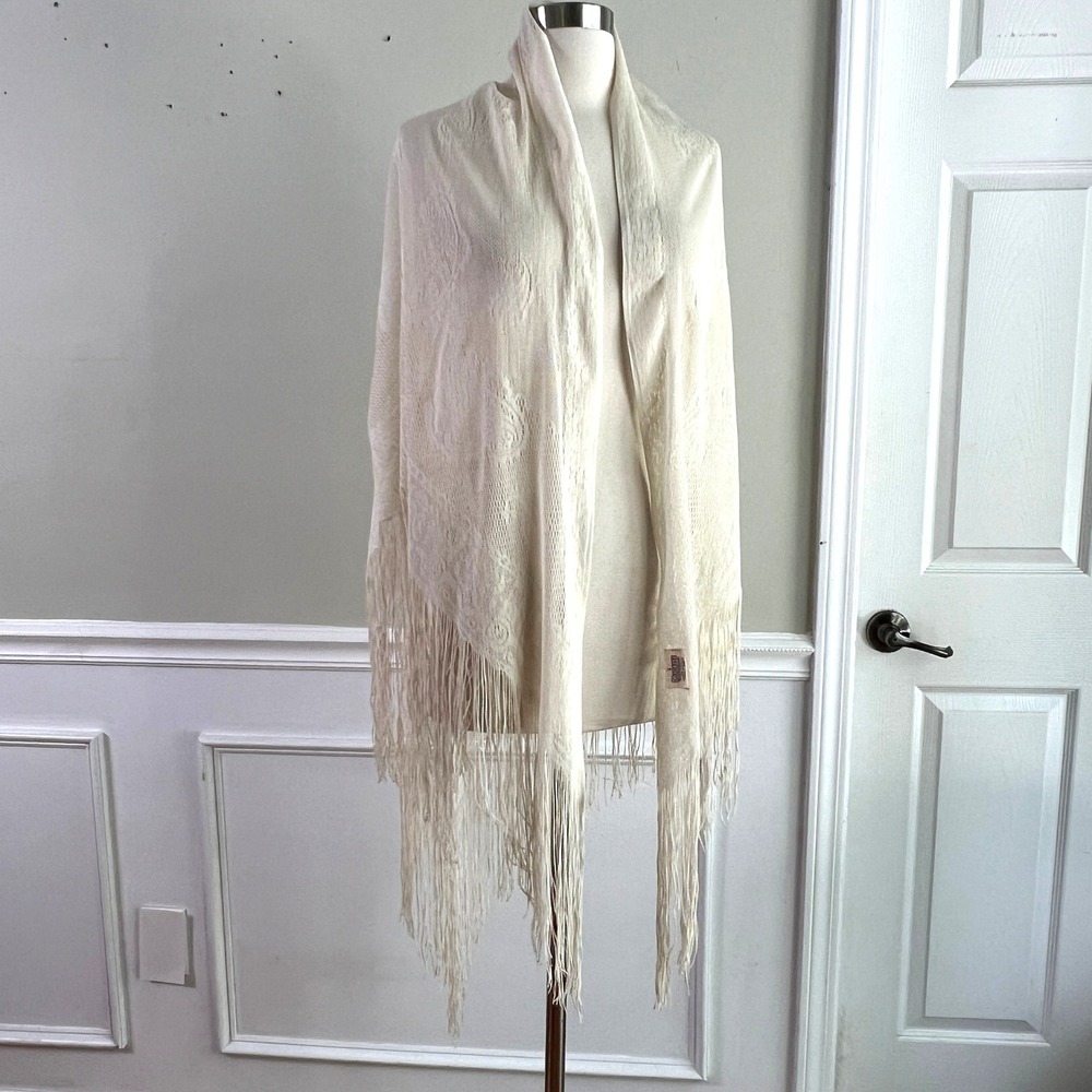 Charisma Paisley Lace Shawl OS Womens Fringe Trim Cream Boho Bridal Wrap Scarf